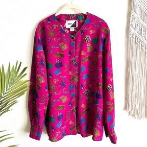 Vintage 80s Magenta Fashion Accessory Printed Long Sleeve Silk Blouse Size Large